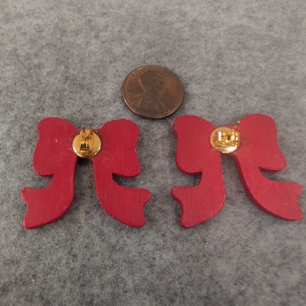 Red Bow Earrings Gold Trim Wood Festive Holiday Dangle Charm - Picture 2 of 2